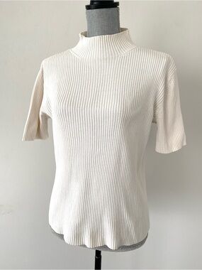 Nordstrome Ribbed Mock Neck Short Sleeve Cotton Sweater Off- White Minimal Chic